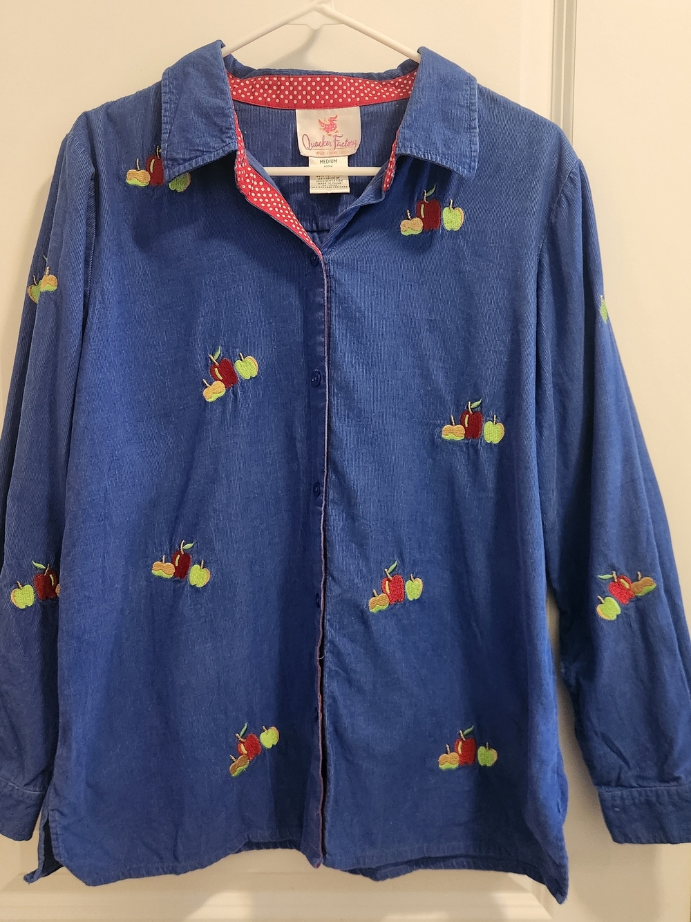 Quacker Factory Blue Button-Down Shirt with Red & Green Apple Embroidery Teacher